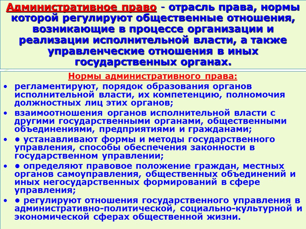 Административное право - отрасль права, нормы которой регулируют общественные отношения, возникающие в процессе организации